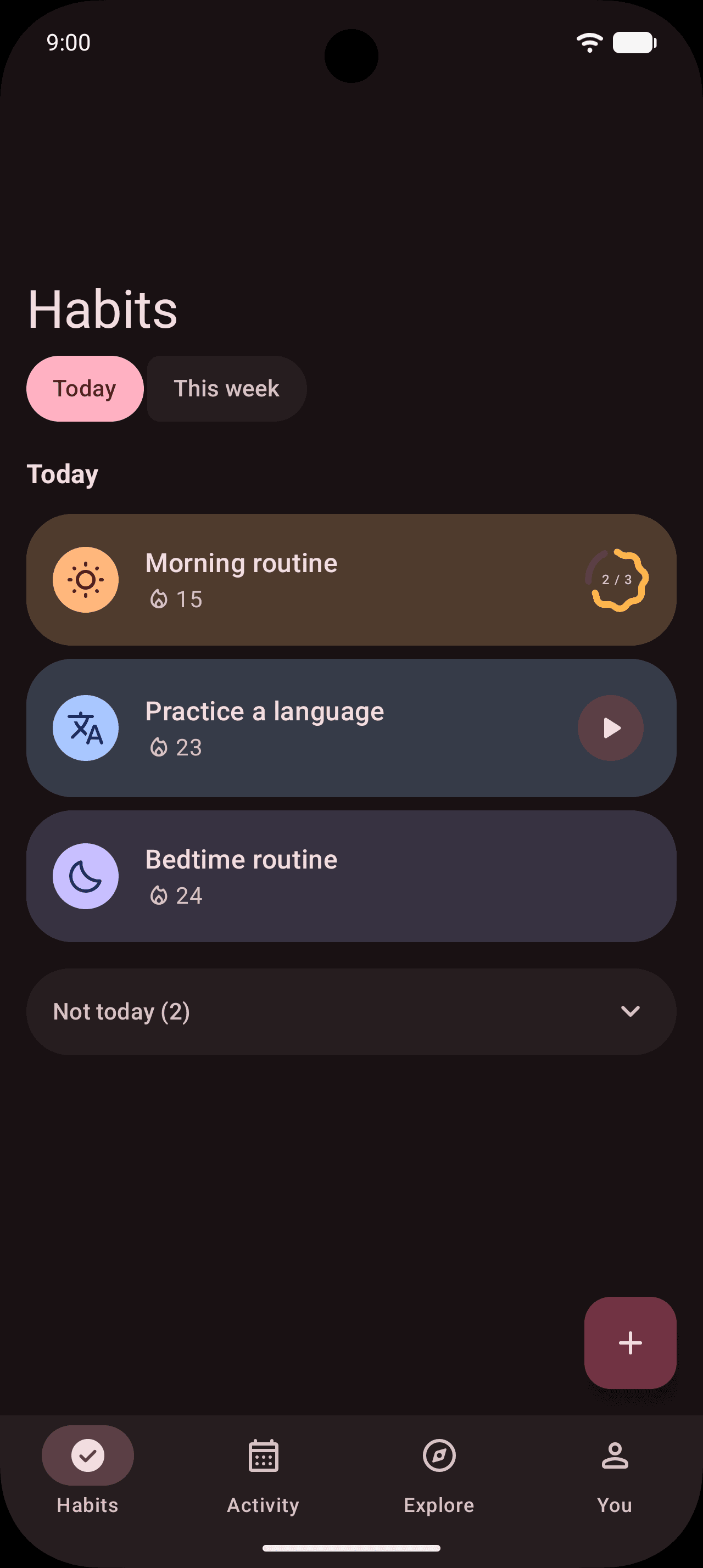 The Habits tab with a pink accent colour instead of pear green.