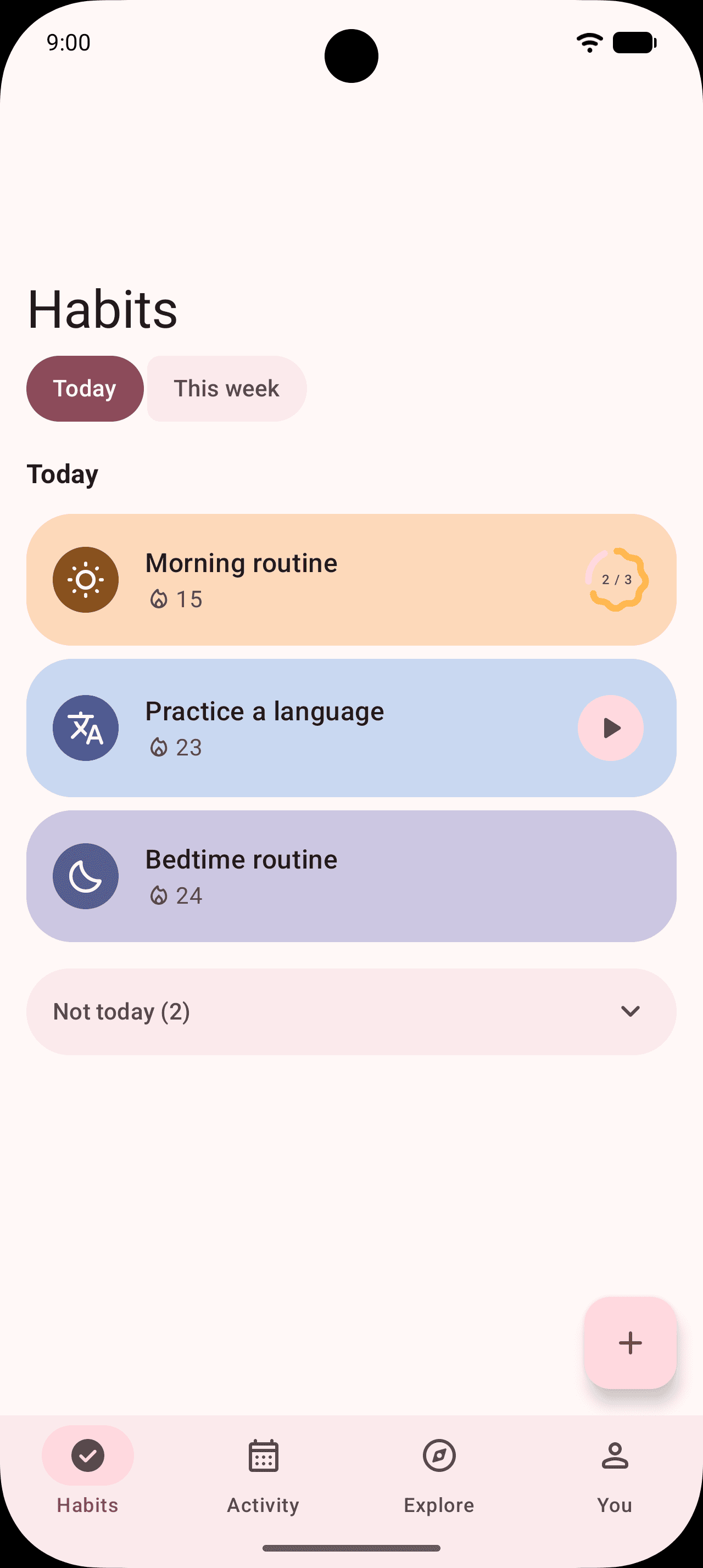 The Habits tab with a pink accent colour instead of pear green.