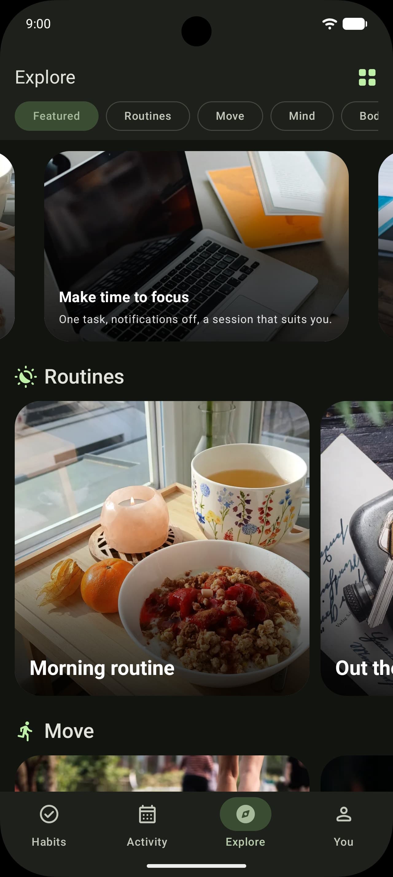 The Explore tab: a highlights card and a shelf of template cards with photos.