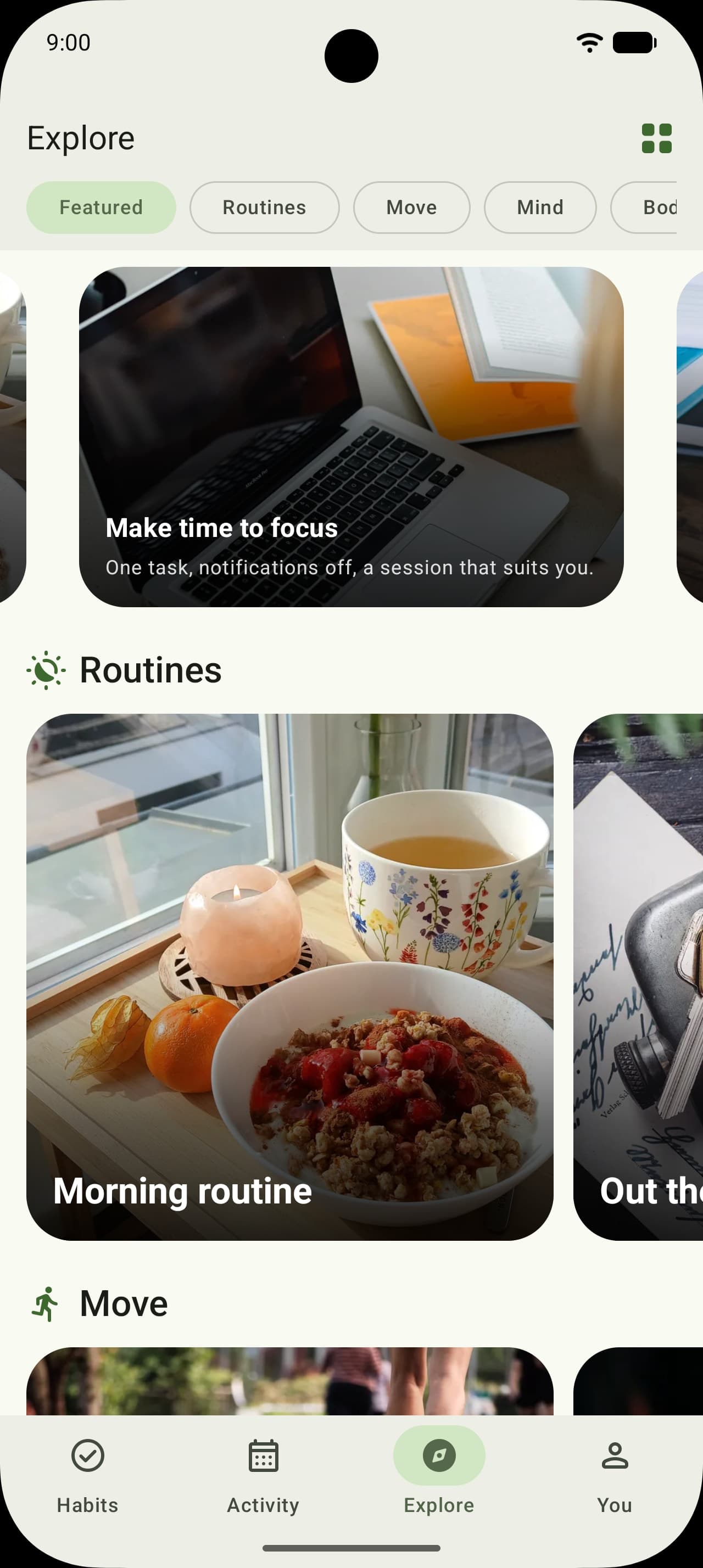 The Explore tab: a highlights card and a shelf of template cards with photos.