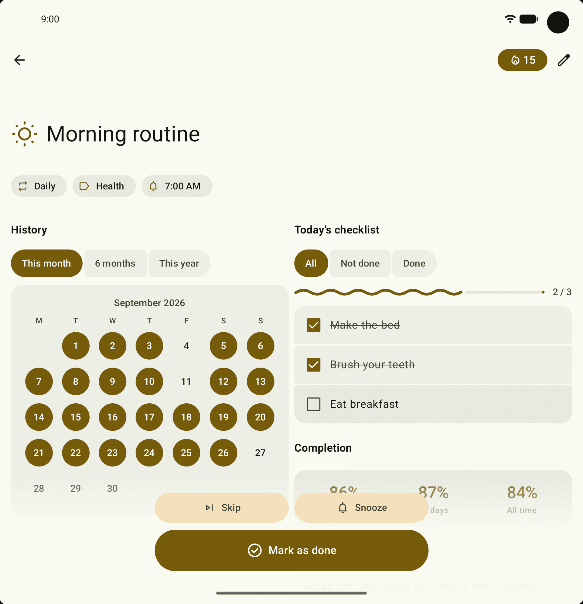 A habit page on an unfolded phone: the calendar on the left, today's checklist on the right.