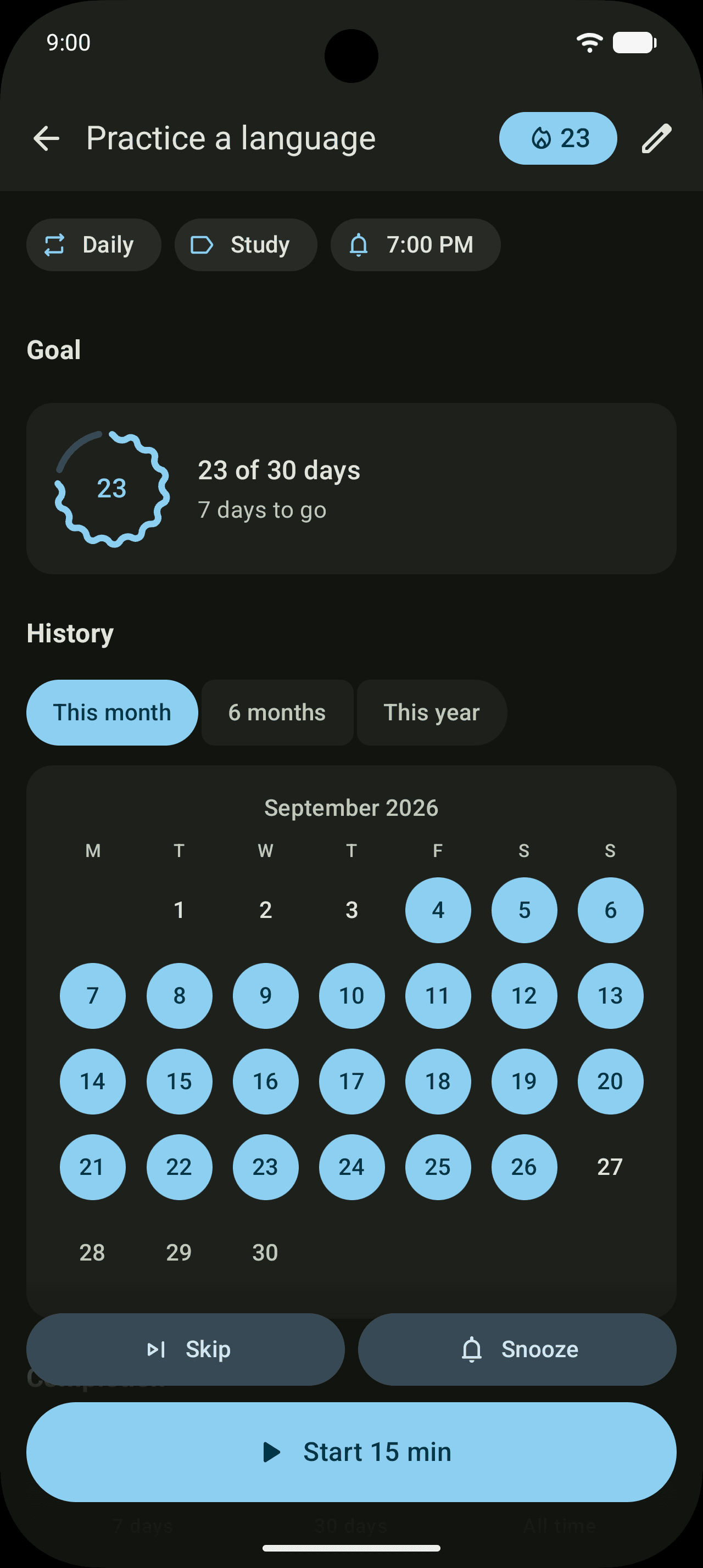 A habit page: 23 of 30 days towards a goal, a calendar of ticked days and a Start 15 min button.