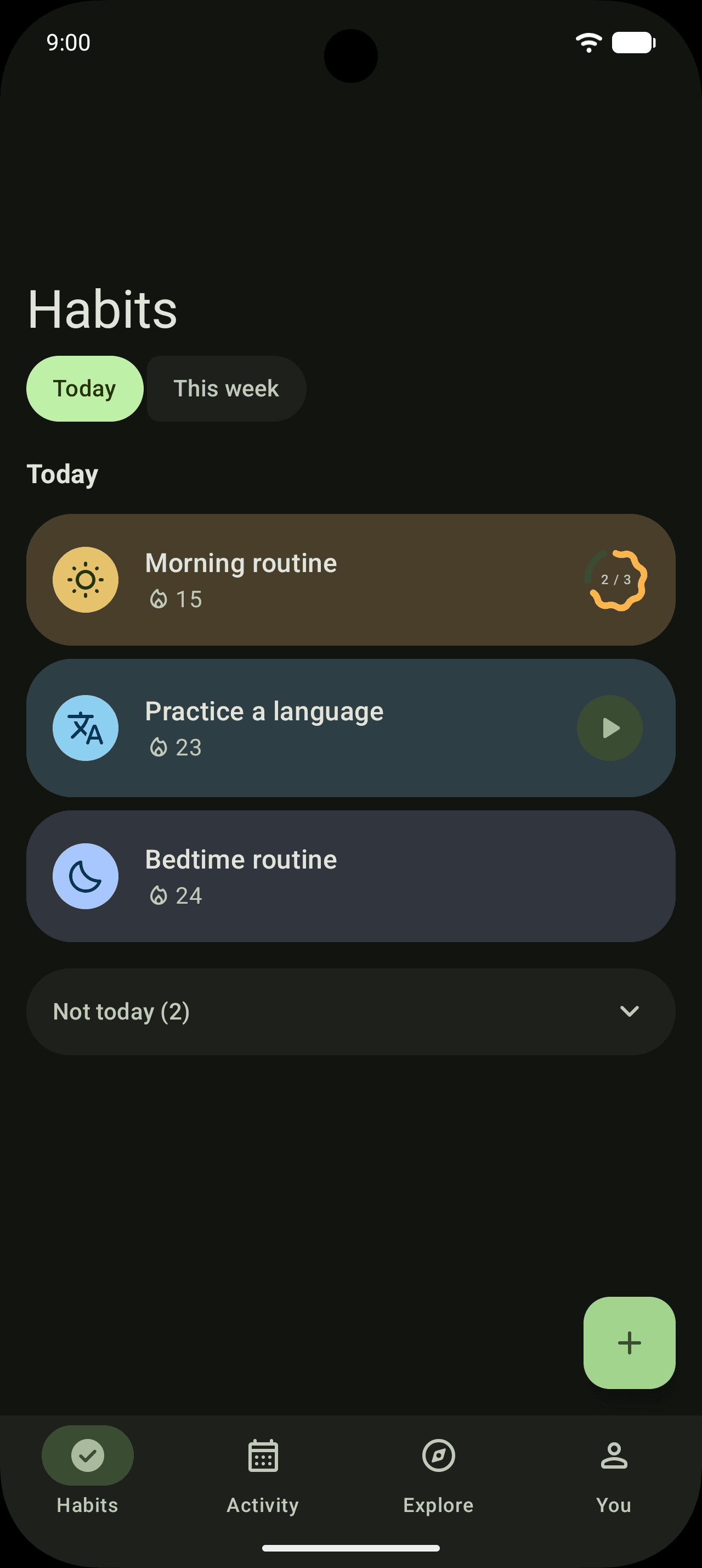 The Habits tab: three habits with streak counts, one with a checklist ring and one with a timer button.