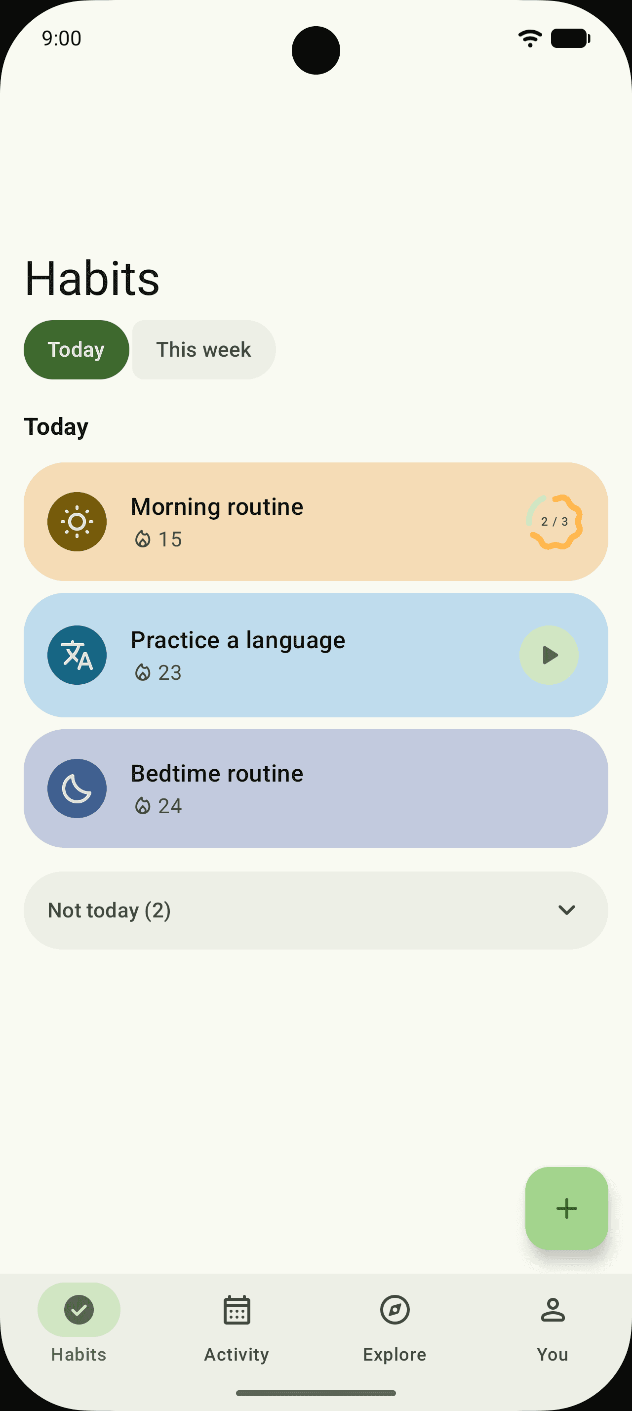 The Habits tab: three habits with streak counts, one with a checklist ring and one with a timer button.