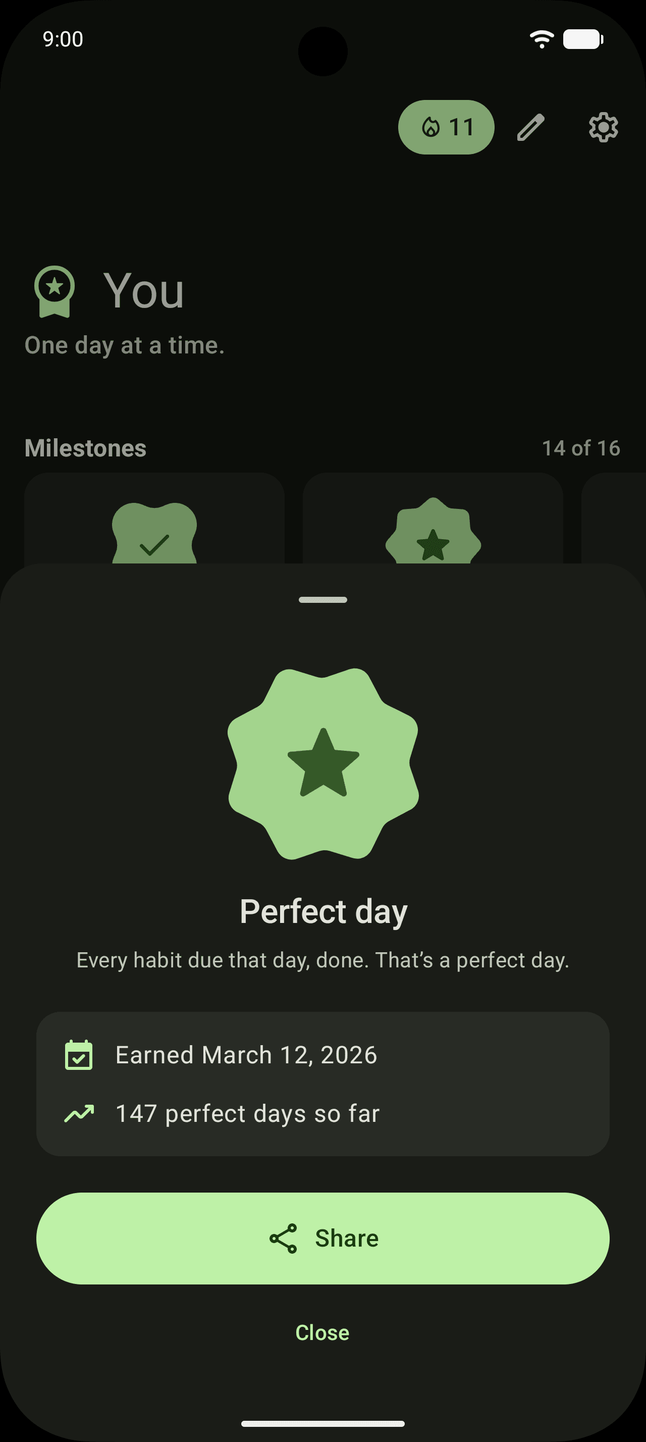 The You tab with a Perfect day badge sheet open and a Share button.