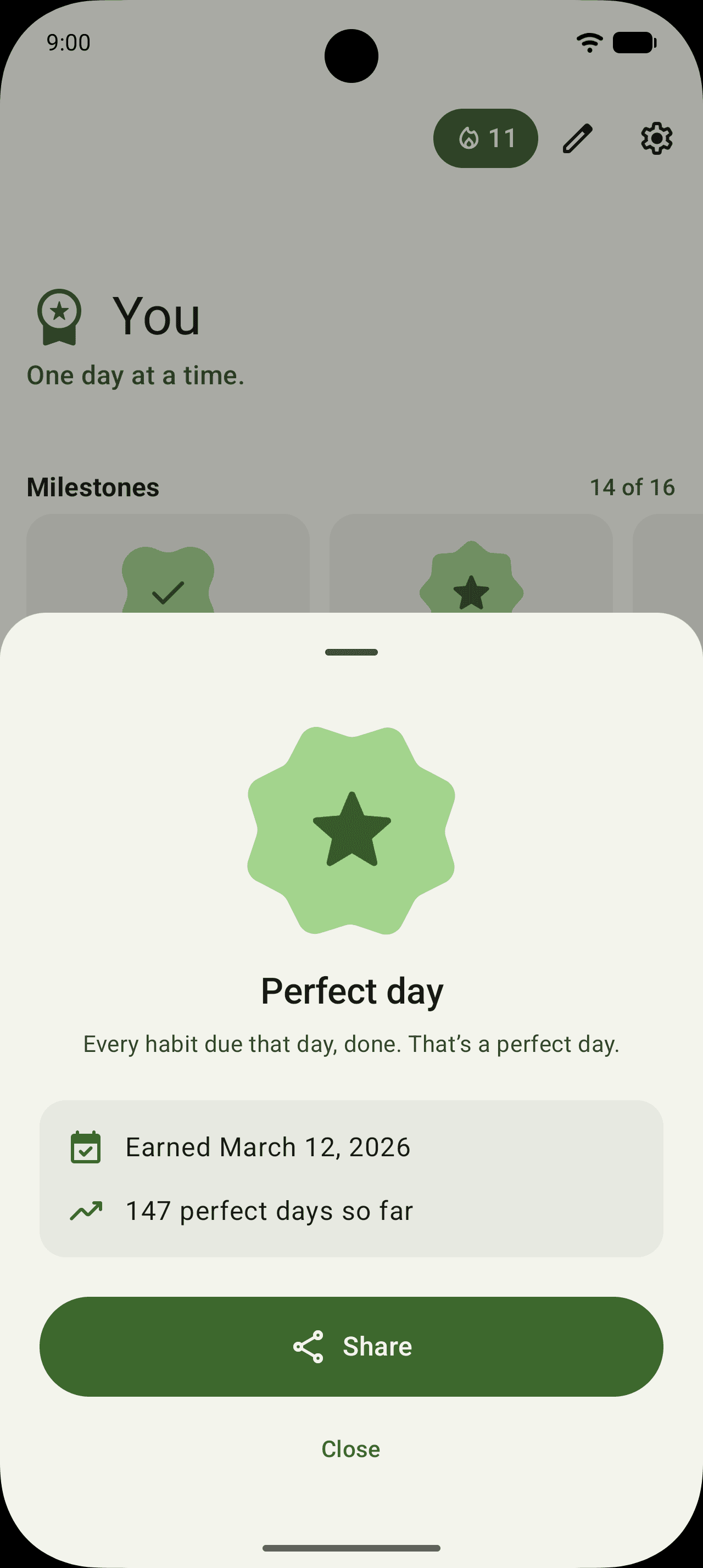 The You tab with a Perfect day badge sheet open and a Share button.