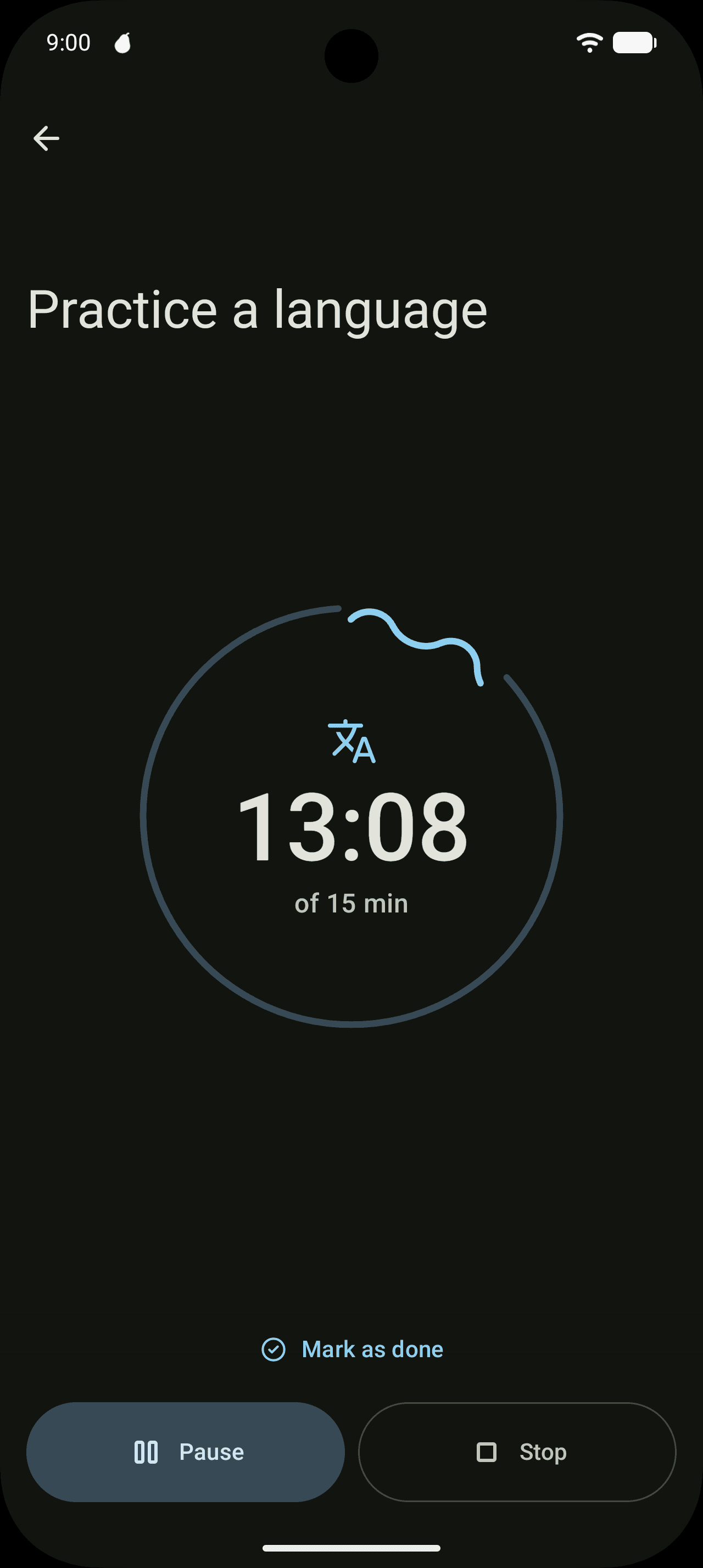 The focus timer: a ring counting down a 15-minute session.