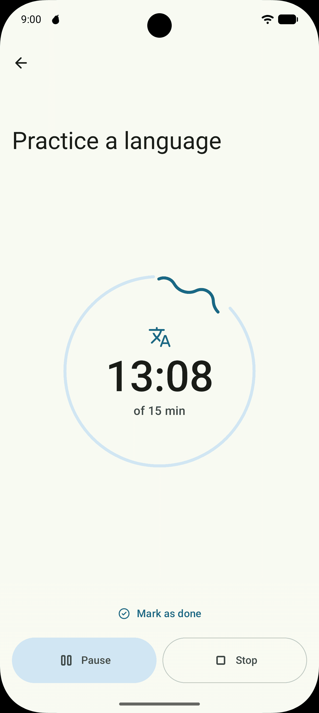 The focus timer: a ring counting down a 15-minute session.